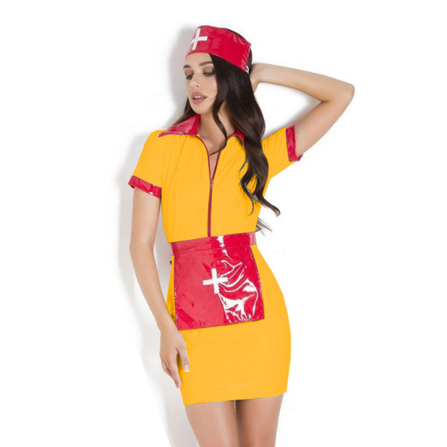 women Sexy Nurse Cosplay costume Sexy Fancy Dress With Headwear and Apron Wetlook PVC Costume