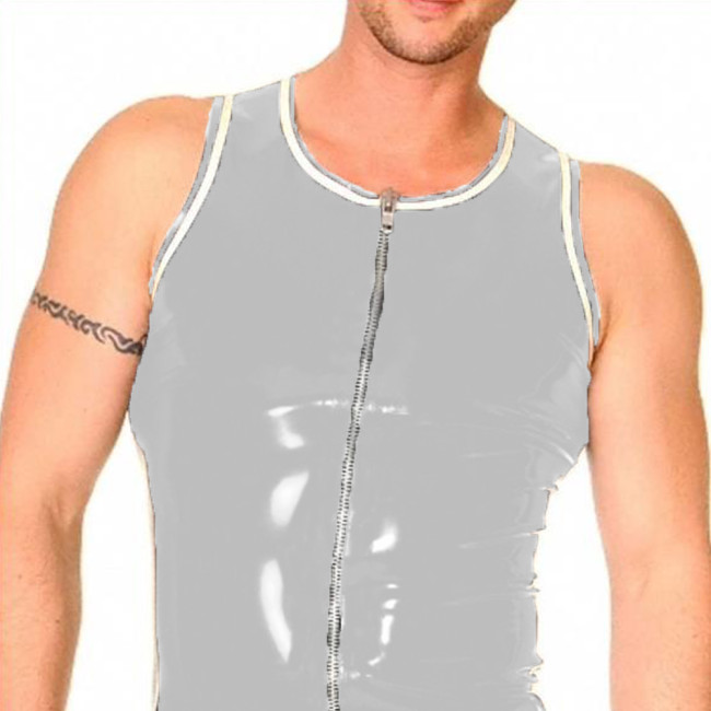 Sexy Men Fashion Wetlook Faux Leather Clubwear Round Neck Sleeveless Front Zip Undershirt Slim Tank Top Vest Performance Costume
