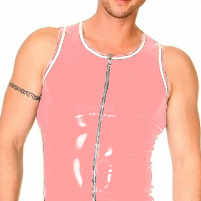 Sexy Men Fashion Wetlook Faux Leather Clubwear Round Neck Sleeveless Front Zip Undershirt Slim Tank Top Vest Performance Costume