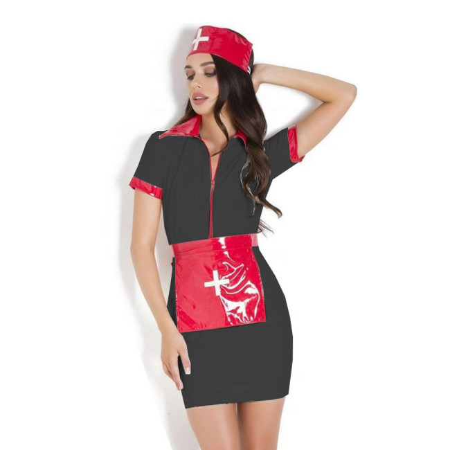 women Sexy Nurse Cosplay costume Sexy Fancy Dress With Headwear and Apron Wetlook PVC Costume
