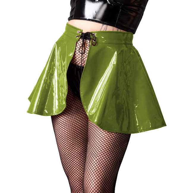 Anerotic Solid PVC Fetish Mini Skirt Shiny Patent Leather lace up skirt vinyl Ruffles Gothic Shiny Clubwear Plus Size S-7XL