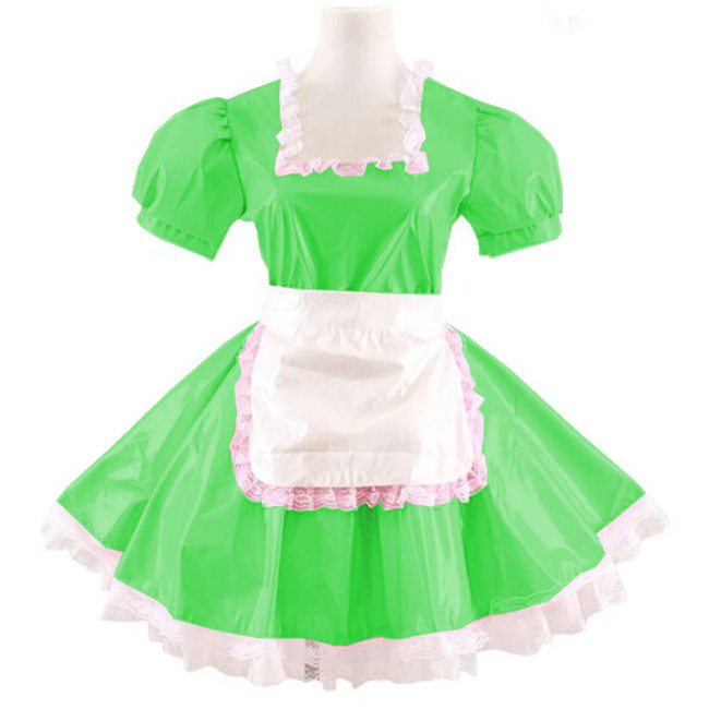 Women French Maid Dress Square Neck Lace with Apron Sissy Lolita Dresses Cosplay Costume PVC Short Sleeve A-line Pleated Vestido