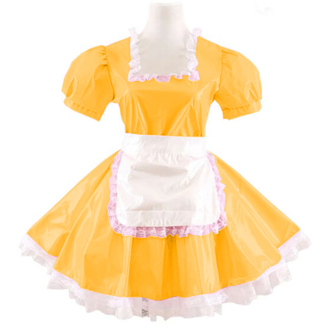 Women French Maid Dress Square Neck Lace with Apron Sissy Lolita Dresses Cosplay Costume PVC Short Sleeve A-line Pleated Vestido