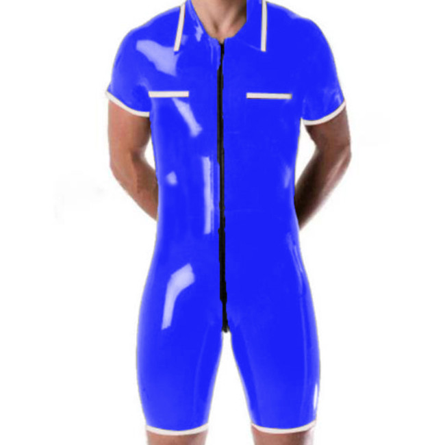 Men Lapel Short Sleeve Jumpsuit Fashion Wet Look Shiny Patent Leather Freight Trousers Cargo Pants Catsuit Stage Costume