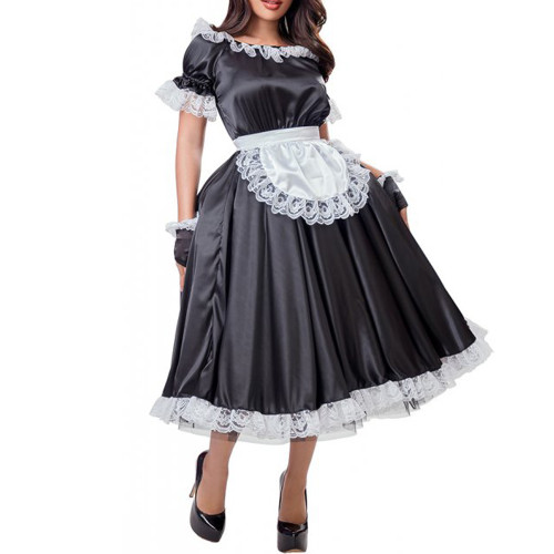 Adult Baby Sissy Long Dress Satin Lockable Puff Sleeve Lace Ruffled Mens Crossdress with Apron Gay Male Clubwear Cosplay Costume