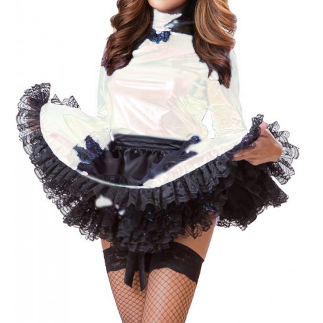 Sissy Metallic Puff Sleeve Laser Mini Dress male Cosplay Costume sissy costume Halloween Exotic Maid Dress + Apron