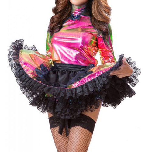 Sissy Metallic Puff Sleeve Laser Mini Dress male Cosplay Costume sissy costume Halloween Exotic Maid Dress + Apron