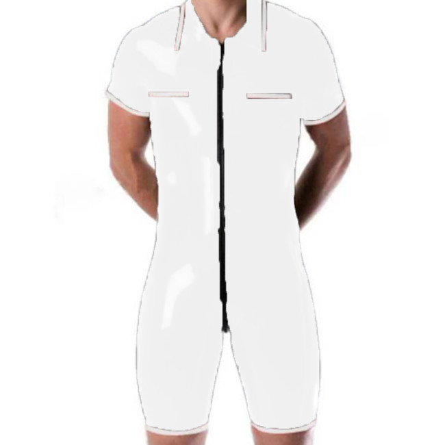 Men Lapel Short Sleeve Jumpsuit Fashion Wet Look Shiny Patent Leather Freight Trousers Cargo Pants Catsuit Stage Costume