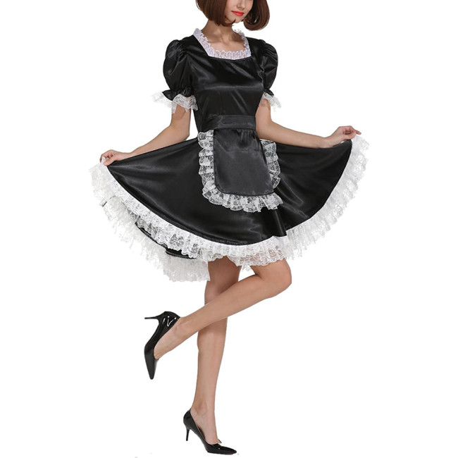 Mens Sissy Dress Lolita Maid White Lace Satin Dress Costume Short Puff Sleeve Maid Costume A line Skater anime cosplay S-8XL