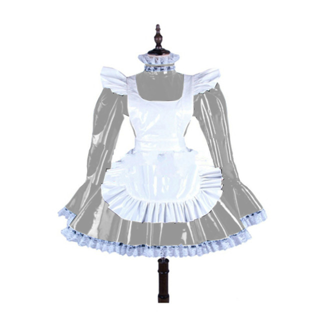 women PVC Lace Trim Lovely Maid Mini Dress  With White Apron Latex Faux leather sissy costume Cosplay Costume S-7XL