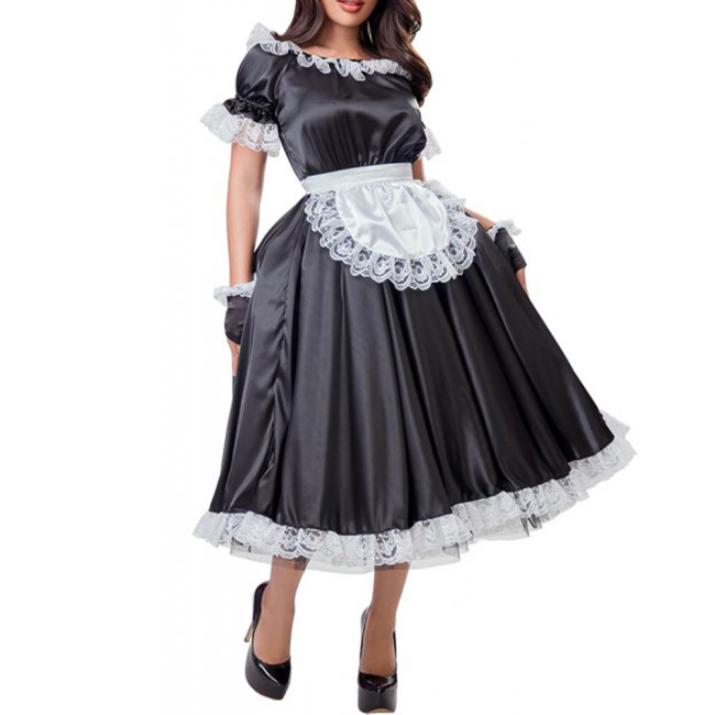 Adult Baby Sissy Long Dress Satin Lockable Puff Sleeve Lace Ruffled Mens Crossdress with Apron Gay Male Clubwear Cosplay Costume