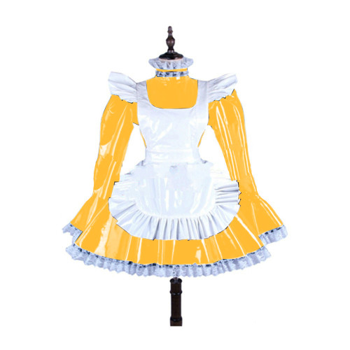 women PVC Lace Trim Lovely Maid Mini Dress  With White Apron Latex Faux leather sissy costume Cosplay Costume S-7XL