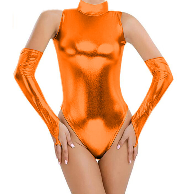 Faux Leather Dancing Bodysuit Women High Cut Sleeveless Bodysuit Sexy Turtleneck Leotard Shiny Costume With Gloves S-8XL