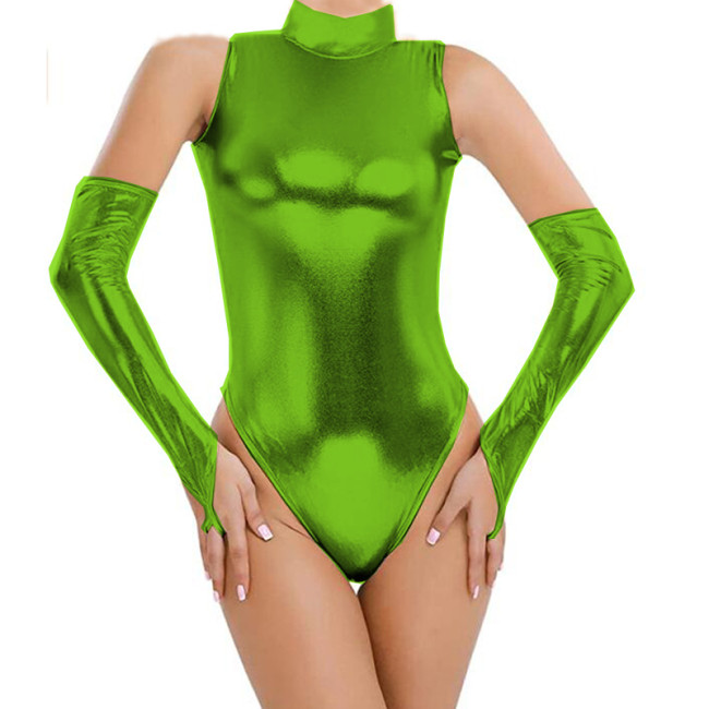 Faux Leather Dancing Bodysuit Women High Cut Sleeveless Bodysuit Sexy Turtleneck Leotard Shiny Costume With Gloves S-8XL