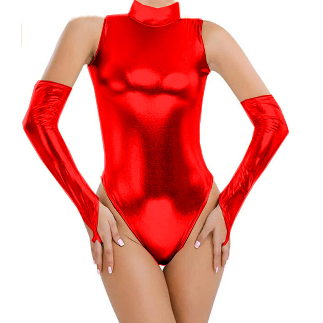 Faux Leather Dancing Bodysuit Women High Cut Sleeveless Bodysuit Sexy Turtleneck Leotard Shiny Costume With Gloves S-8XL