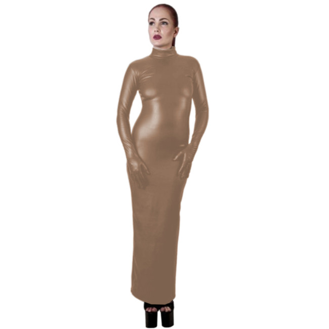 High Quality Sissy Hobble Dress Wetlook PU Leather Bodycon Maxi Dress with Gloves Man Male Sissy Pencil Dress Club Party Dress