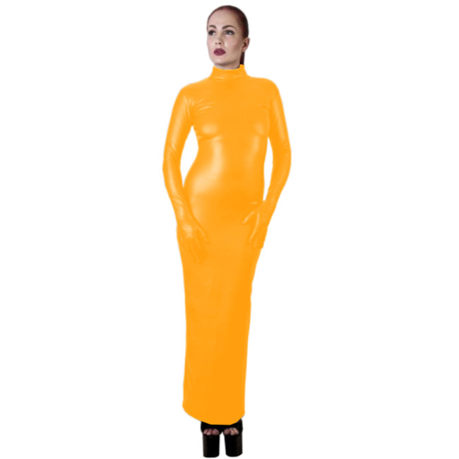 High Quality Sissy Hobble Dress Wetlook PU Leather Bodycon Maxi Dress with Gloves Man Male Sissy Pencil Dress Club Party Dress