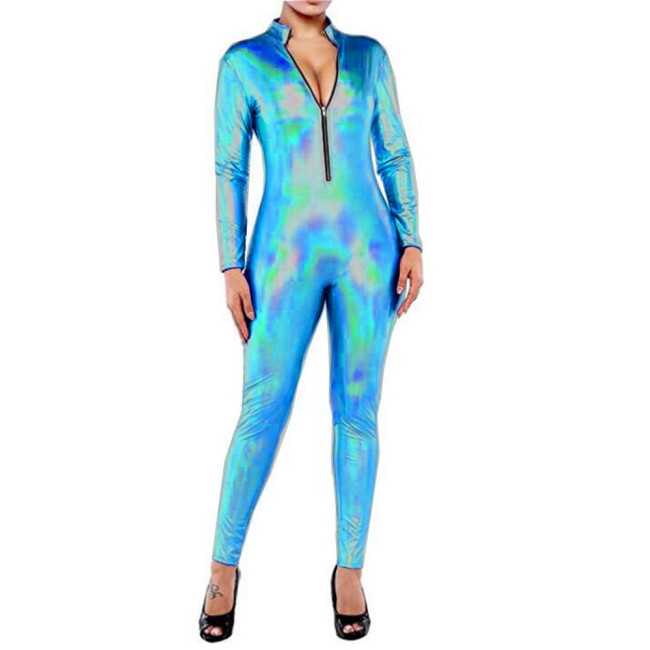 Metallic Holographic Catsuit Front Zipper Bodysuit Wet Look jump suits for women Leotard Bodysuit Skinny Leather Bondage Catsuit