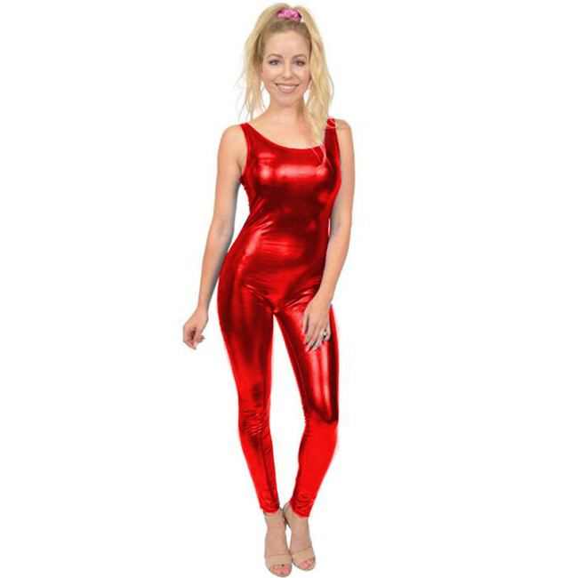 Plus Size Women Metallic Shiny Jumpsuit Faux Leather Sleeveless Cosplay Catsuit Sexy Dancing Club Wear Backless Skinny Bodysuit