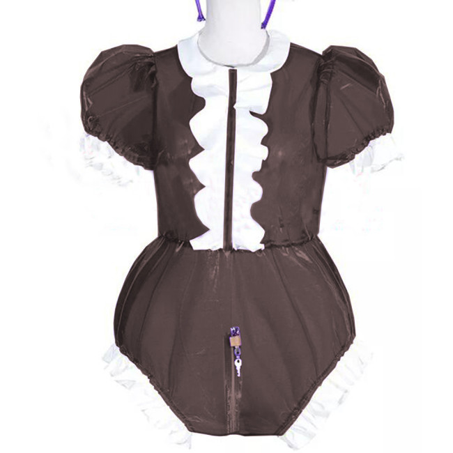 Adult Baby Clear PVC Zipper Crotch Bodysuit Plastci Layer Ruffles Doll Collar Romper Lockable Sissy Onesie Oversized Puff Sleeve