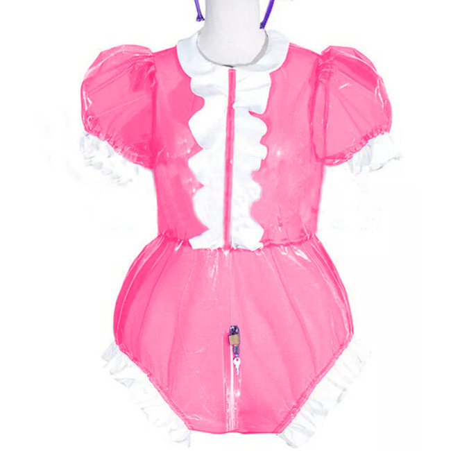 Adult Baby Clear PVC Zipper Crotch Bodysuit Plastci Layer Ruffles Doll Collar Romper Lockable Sissy Onesie Oversized Puff Sleeve