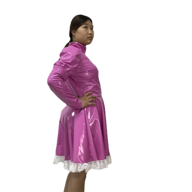 Lolita Punk Pink PVC Leather Dress Maid Cosplay Fancy Dress Clubwear Nightclub Long Sleeve Gothic Dresses Sexy French Uniform