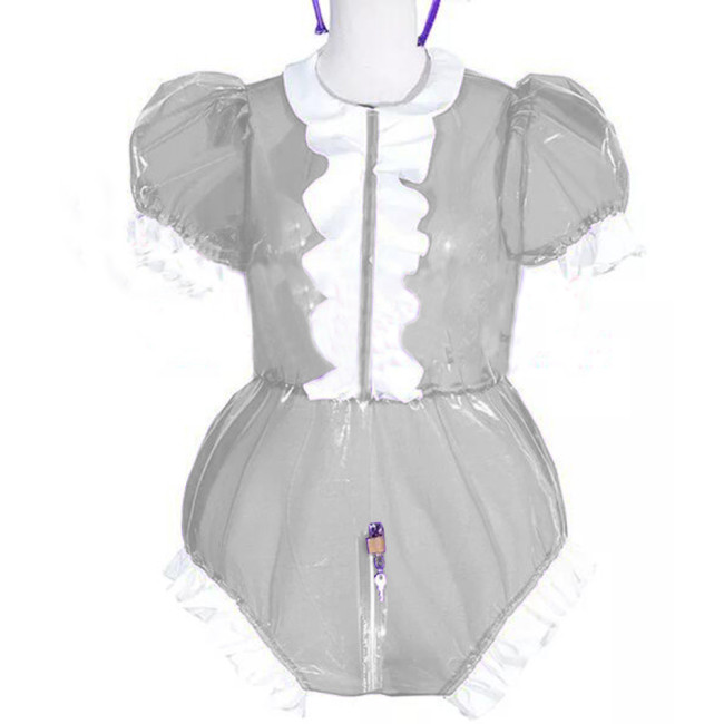 Adult Baby Clear PVC Zipper Crotch Bodysuit Plastci Layer Ruffles Doll Collar Romper Lockable Sissy Onesie Oversized Puff Sleeve