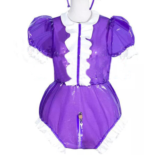 Adult Baby Clear PVC Zipper Crotch Bodysuit Plastci Layer Ruffles Doll Collar Romper Lockable Sissy Onesie Oversized Puff Sleeve