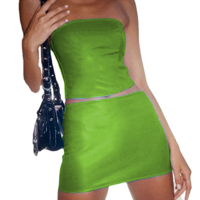 Sexy Shiny Patent Leather Sexy Skirt Two Piece Set Wrapped Chest Tube Top Short Skirt Suit Spring Summer Fashion Women Clothing