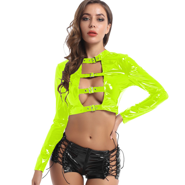 Faux Leather Sexy Long Sleeve rivet crop tops Hollow Buckle Casual T Shirt XS-7XL short tight tee T-shirt Rave Party Clubwear