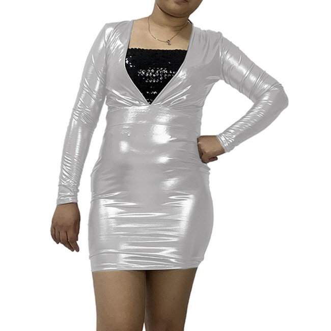 Ladies Shiny Metallic Dress Sexy Skinny Mini Dress Long Sleeve V Neck Dress Nightclub Dress Pencil Party Clubwear Pole Dance 7XL
