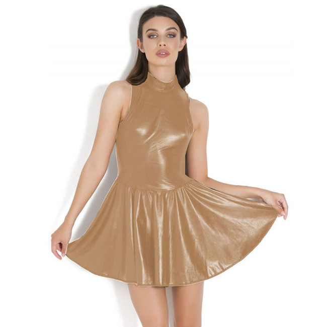 Summer Wet Look Sleeveless Bottom Flare Mini Dresses Skater Leather Dress Plus Size A-line Metallic Dress Vintage Dress Vestidos