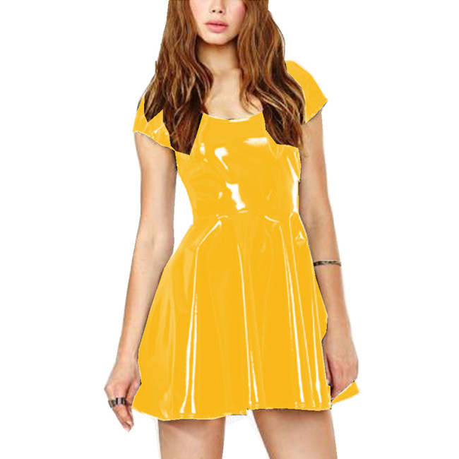 Fashion Scoop Neck PVC Mini Dress Plus Size Casual Pleated A-line Dress Lady Short Sleeve Clubwear  Summer Club Party Streetwear