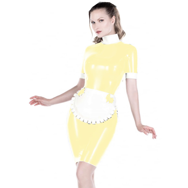 French Maid Bodycon Short Sleeve High Neck PVC Dress With Bowknot Apron Elegant Splicing Women French Maid Cosplay Mini Dress