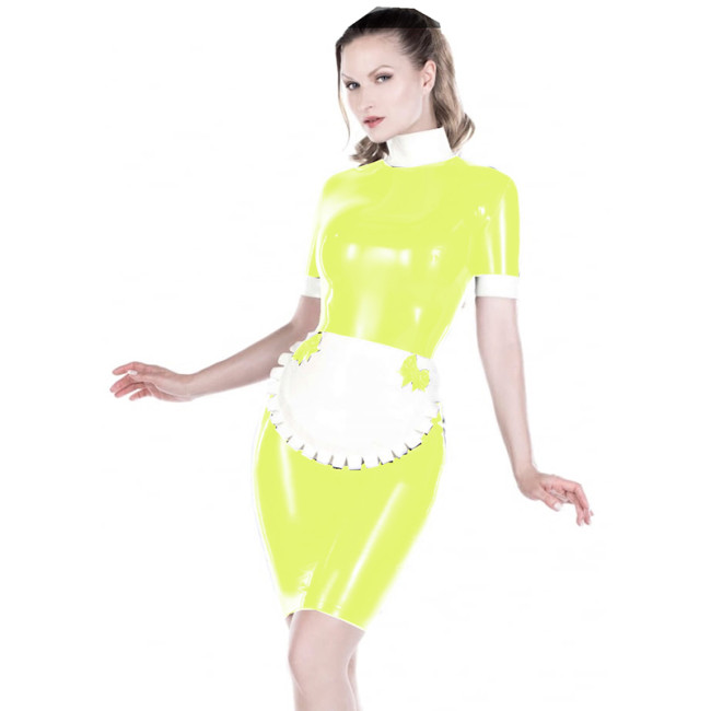 French Maid Bodycon Short Sleeve High Neck PVC Dress With Bowknot Apron Elegant Splicing Women French Maid Cosplay Mini Dress