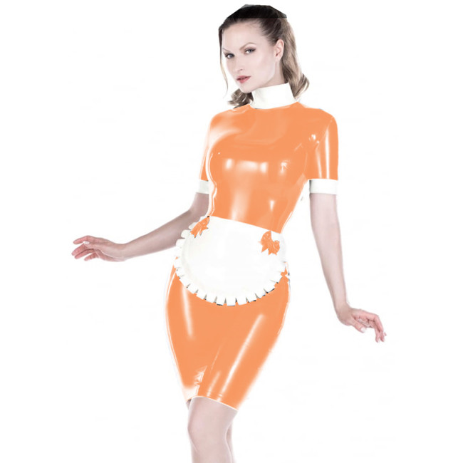 French Maid Bodycon Short Sleeve High Neck PVC Dress With Bowknot Apron Elegant Splicing Women French Maid Cosplay Mini Dress