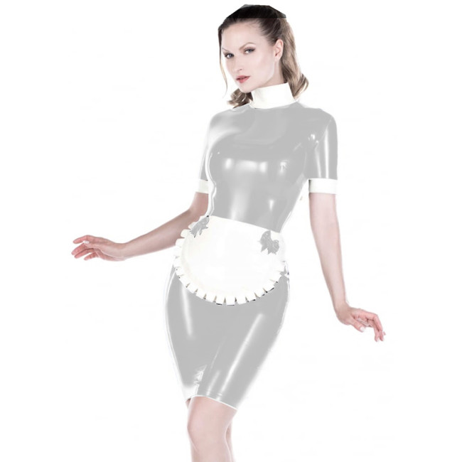 French Maid Bodycon Short Sleeve High Neck PVC Dress With Bowknot Apron Elegant Splicing Women French Maid Cosplay Mini Dress