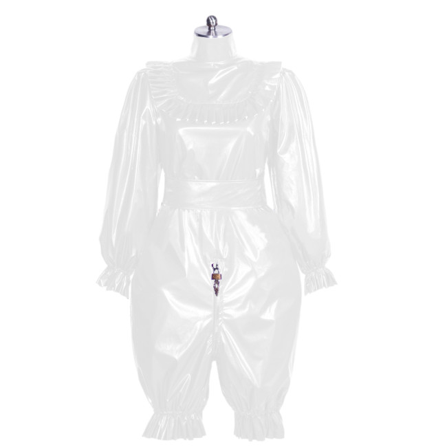 PVC Lockable maid Uniform Two pieces Crossdresser sissy Costume Long Puff Sleeve Blouse with PVC Loose Bloomers Shorts S-7XL