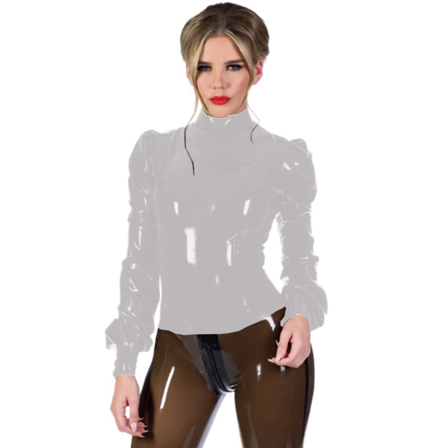 PVC Shiny Turtleneck Blouse Faux leather Long Lantern sleeve Sleeve Top Vinyl Bodyon Long Puff Sleeve Shirt Plus Size Zipper