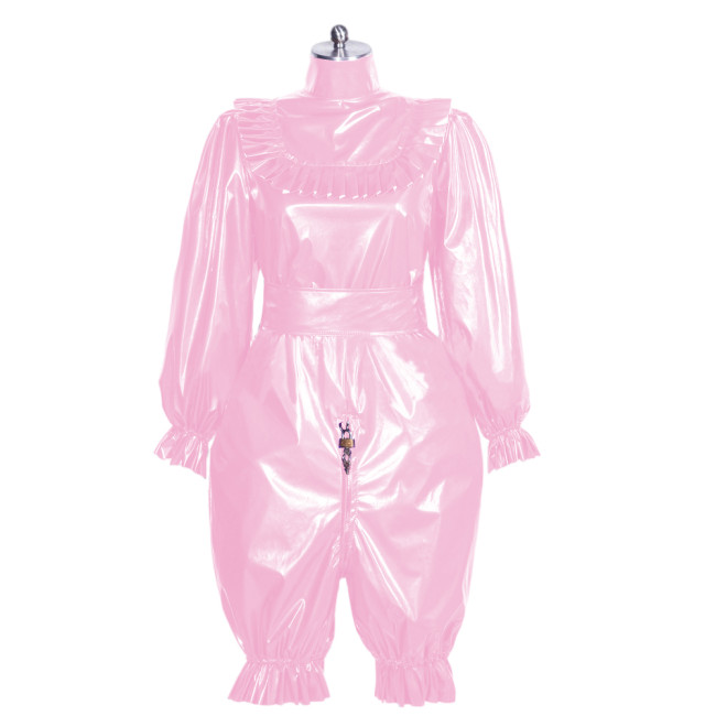 PVC Lockable maid Uniform Two pieces Crossdresser sissy Costume Long Puff Sleeve Blouse with PVC Loose Bloomers Shorts S-7XL