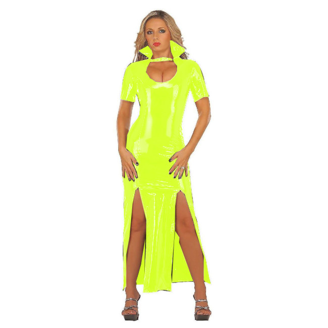 23 Colors Buckle Turndown Collar Novelty Dress Women Leg Split Long Dress Short Sleeve Keyhole Vestido Sexy Skinny PVC Clubwear