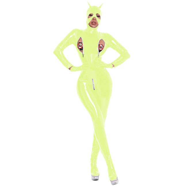 Women One Piece Wetlook Patent Leather Stand Collar Zipper Bust Crotch Leotard Bodysuit Catsuit Clubwear with Mask Glove Costume