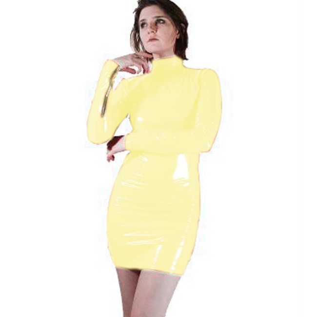 Sexy Dress Bodycon Slim High Neck  PVC Leather Pencil back zip long sleeve dress Party Club Wet Look Mini dress