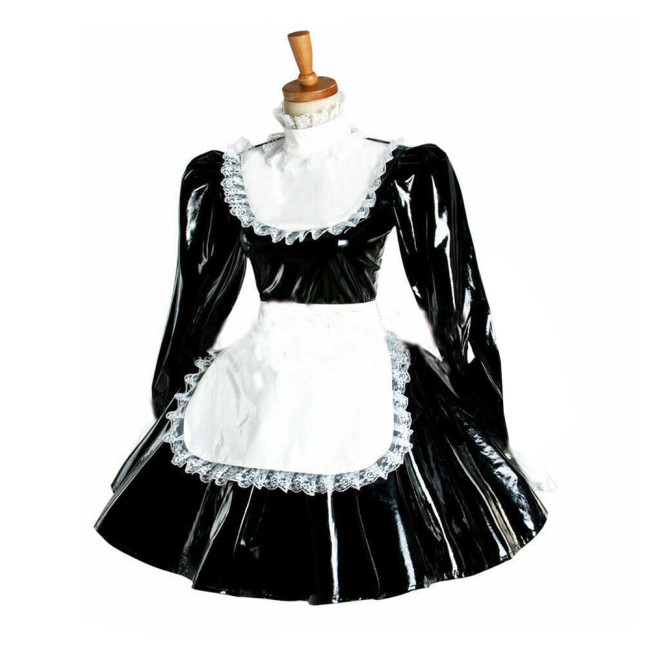 Women Maid Outfit Cosplay Dress Puff Long Sleeve  A-line Vinyl Dress  Mini Dress Sweet Lolita Bowknot White Lace Apron Dress
