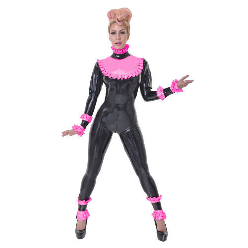 Sexy Black With Frills Latex Catsuit Suit Long Puffed Sleeves Rubber Jumpsuit PVC Overall Gothic Vinyl Catsuit With Ruffles