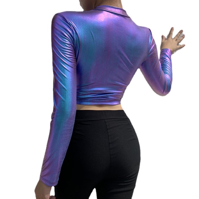 2022 Fashion Women Long Sleeve Crop Top T shirt Zipped Collar Sexy Casual Short Shirt Summer Tee Tops Shiny Purple clothing 7XL