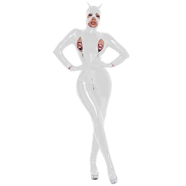 Women One Piece Wetlook Patent Leather Stand Collar Zipper Bust Crotch Leotard Bodysuit Catsuit Clubwear with Mask Glove Costume