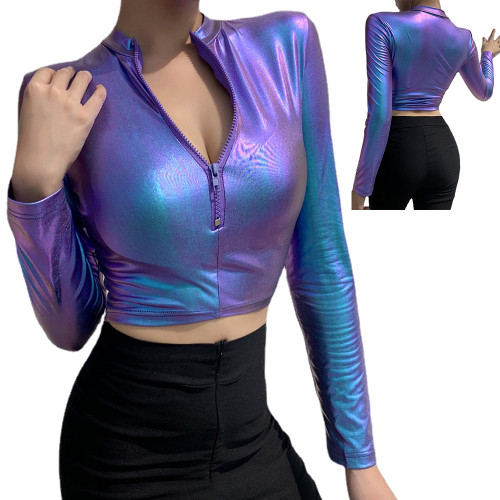 2022 Fashion Women Long Sleeve Crop Top T shirt Zipped Collar Sexy Casual Short Shirt Summer Tee Tops Shiny Purple clothing 7XL