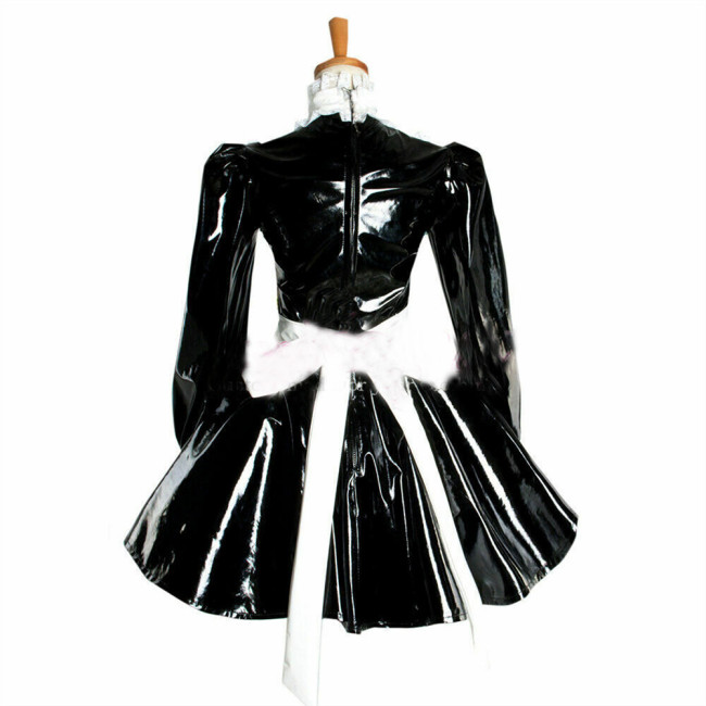 Women Maid Outfit Cosplay Dress Puff Long Sleeve  A-line Vinyl Dress  Mini Dress Sweet Lolita Bowknot White Lace Apron Dress