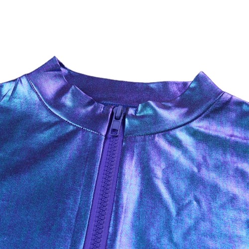 2022 Fashion Women Long Sleeve Crop Top T shirt Zipped Collar Sexy Casual Short Shirt Summer Tee Tops Shiny Purple clothing 7XL